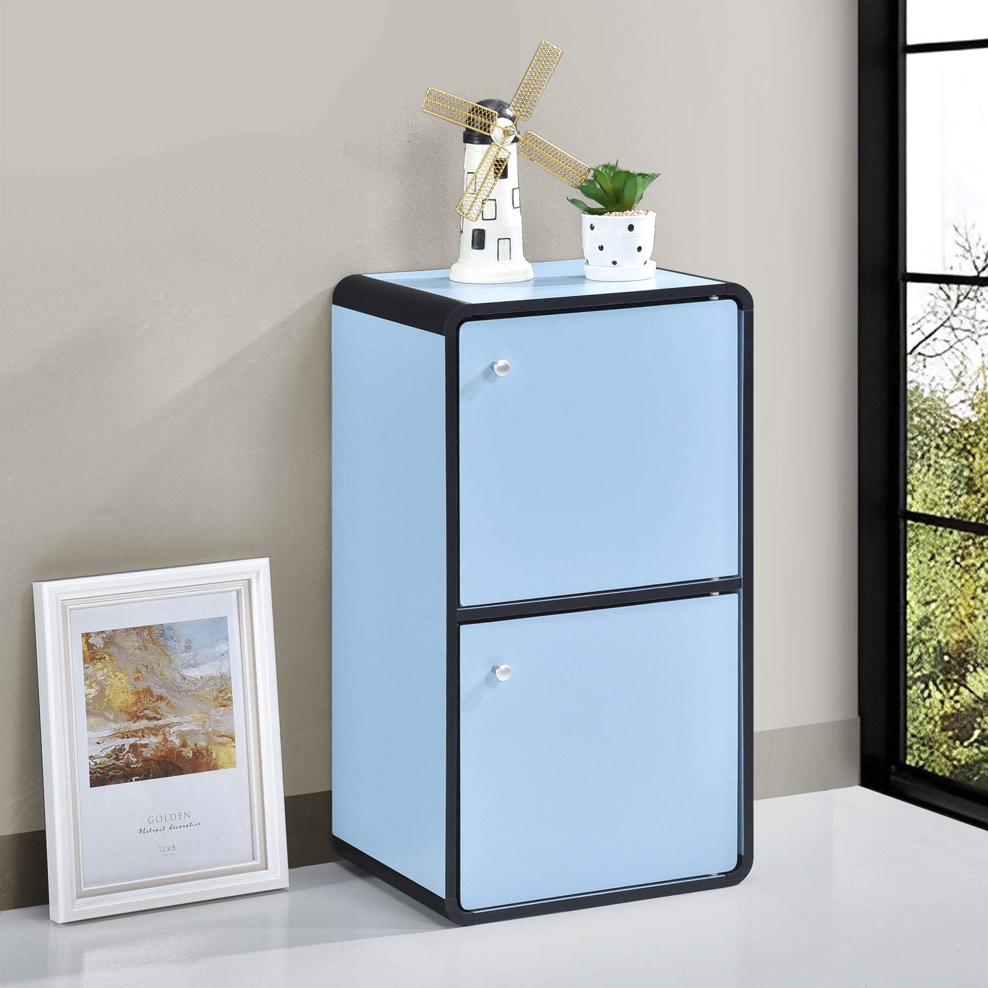 Kings Brand Furniture Dothan Wood 2-Cubed Closed Bookcase - Storage Shelf Organizer Bookshelf, Blue