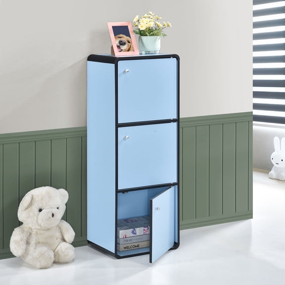 Kings Brand Furniture Dothan Wood 3-Cubed Closed Bookcase - Storage Shelf Organizer Bookshelf, Blue