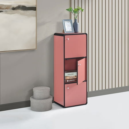 Kings Brand Furniture Dothan Wood 3-Cubed Closed Bookcase - Storage Shelf Organizer Bookshelf, Red