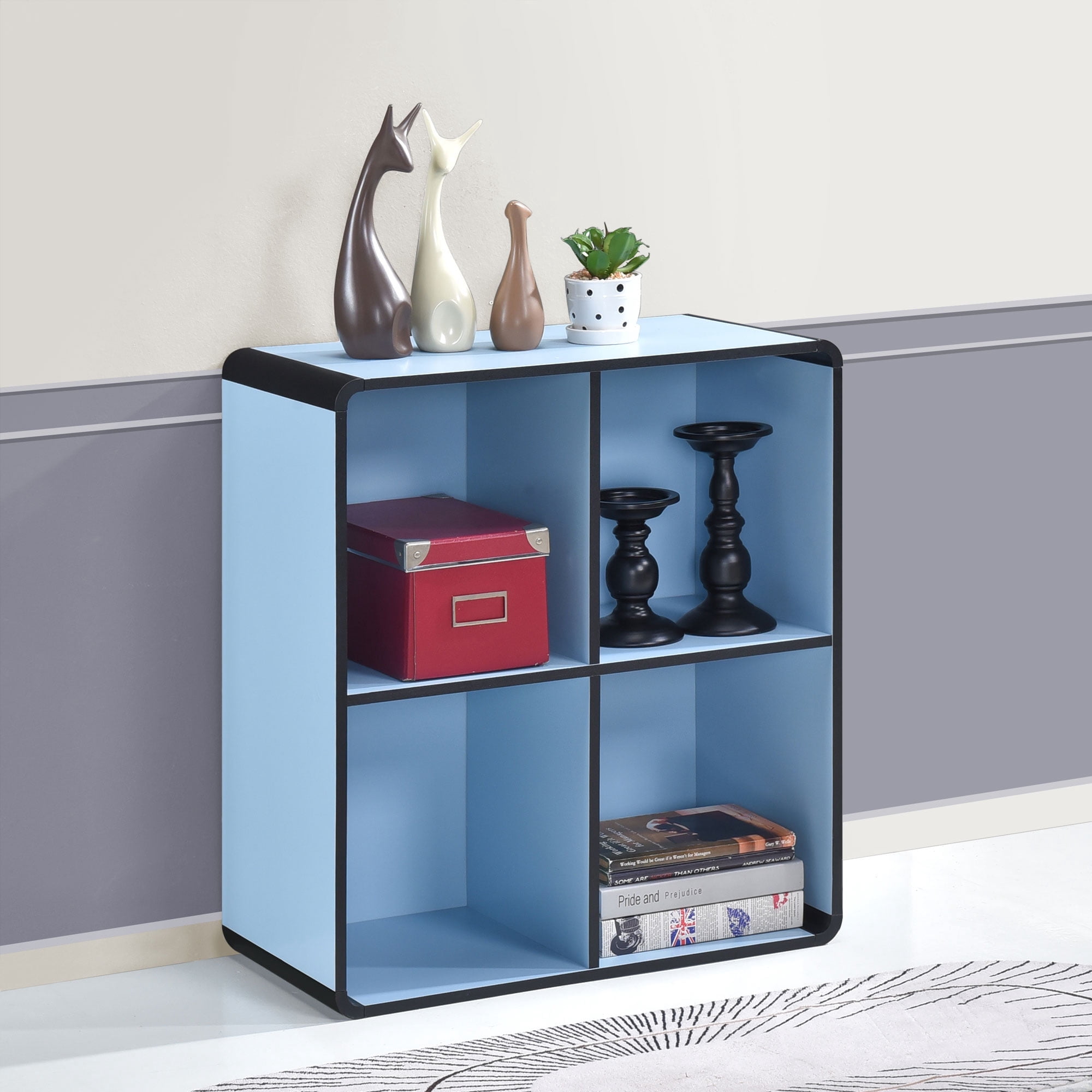 Kings Brand Furniture Dothan Wood 4-Cubed Open Bookcase - Storage Shelf Organizer Bookshelf, Blue