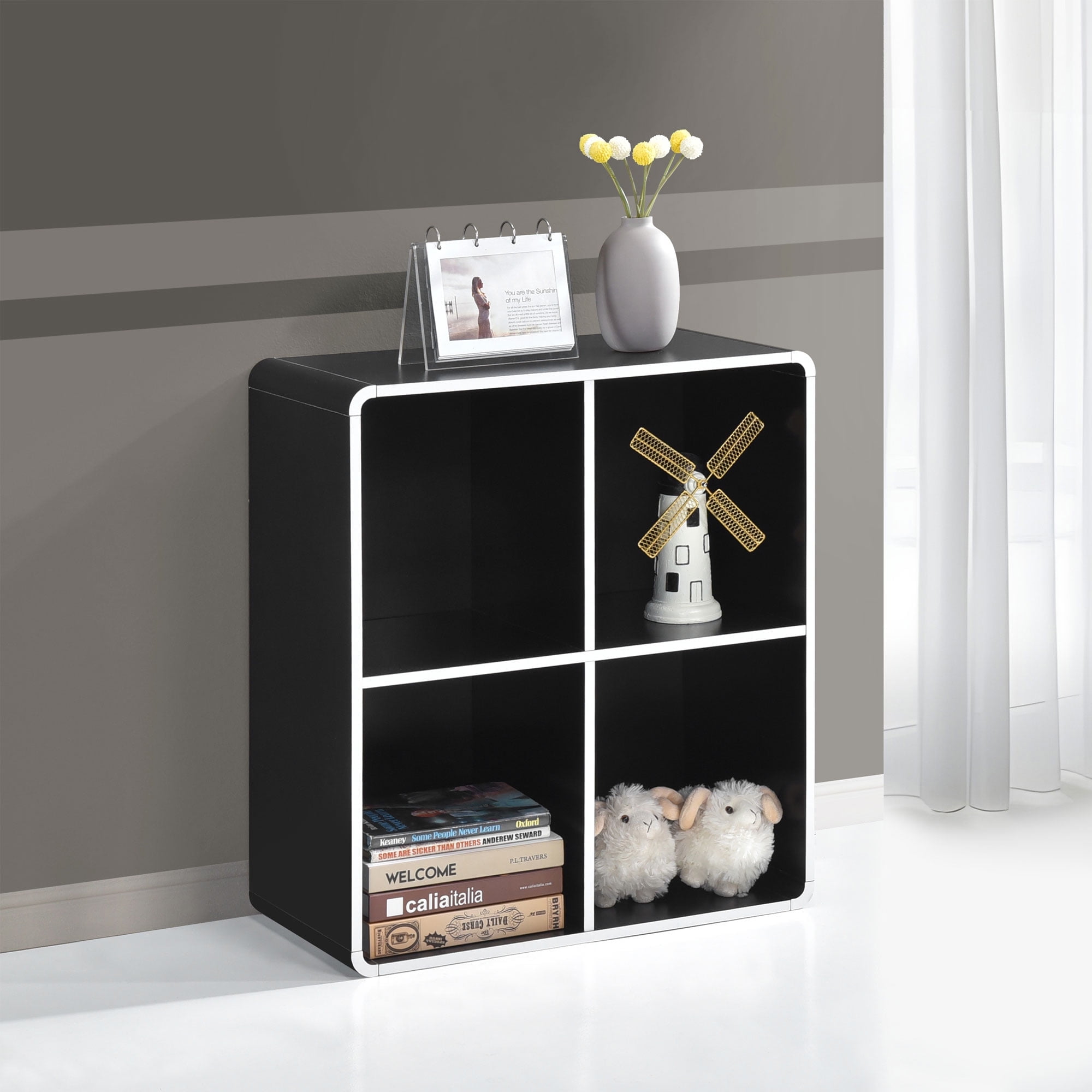 Kings Brand Furniture Dothan Wood 4-Cubed Open Bookcase - Storage Shelf Organizer Bookshelf, Black