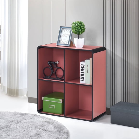 Kings Brand Furniture Dothan Wood 4-Cubed Open Bookcase - Storage Shelf Organizer Bookshelf, Red