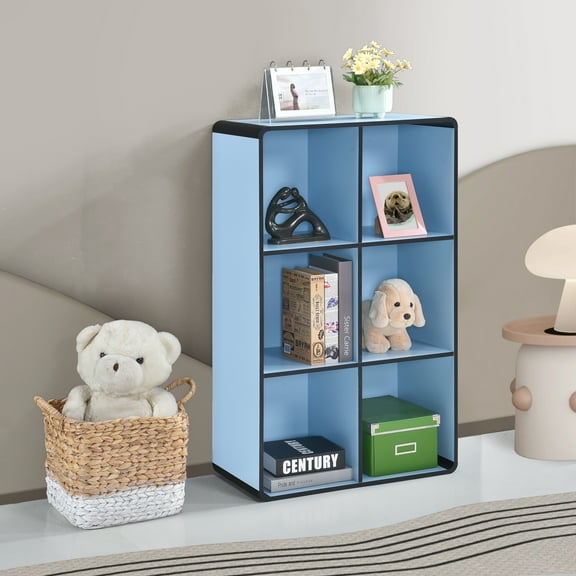 Kings Brand Furniture Dothan Wood 6-Cubed Open Bookcase - Storage Shelf Organizer Bookshelf, Light Blue