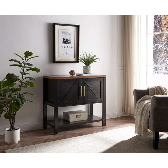 Kings Brand Furniture Elegant Console Table with Storage Cabinet for Living Room (Black/Walnut)