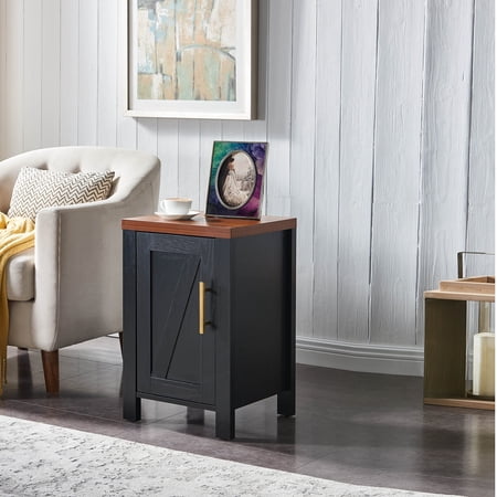 Kings Brand Furniture Elegant Side End Table with Storage Cabinet for Living Room (Black/Walnut)
