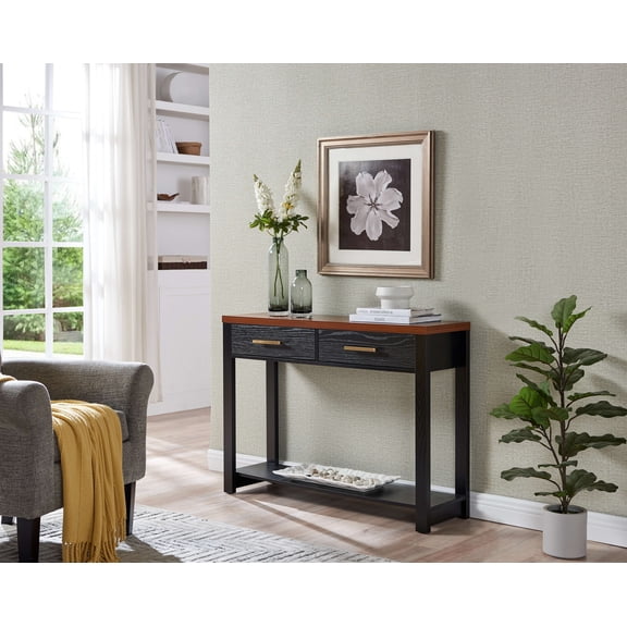 Kings Brand Furniture Elegant Wood Console Table with 2 Drawers and Open Shelf, Black/Walnut