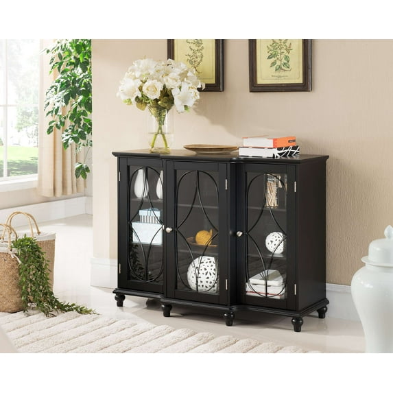 Kings Brand Furniture Black Wood Display Buffet Cabinet – 3 Door Cabinet with Glass Doors & 6 Interior Shelves