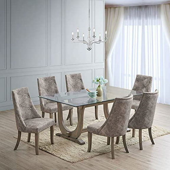 Kings Brand Furniture - Elmer 7 Piece Glass Top Dining Set, Table & 6 Chairs, Gray