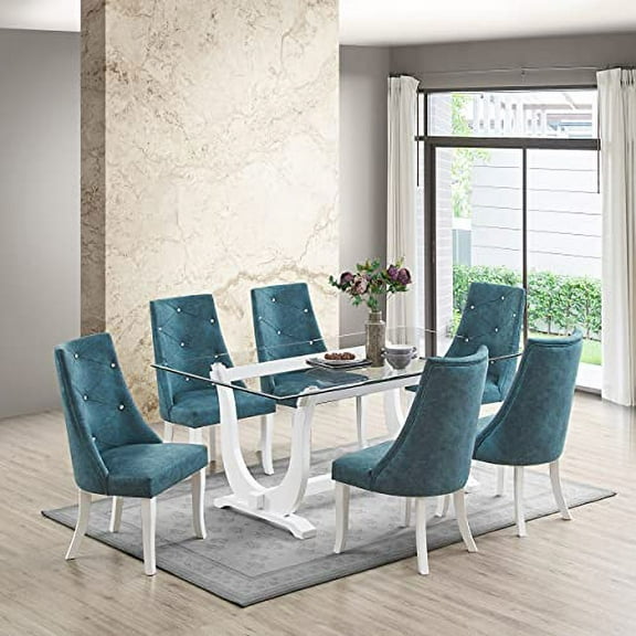 Kings Brand Furniture - Elmer 7 Piece Glass Top Dining Set, Table & 6 Chairs, White/Blue