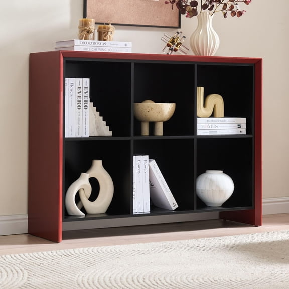 Kings Brand Furniture Ethan 6-Shelf Bookcase – Wood Storage Organizer, Contemporary Rectangular Design for Living Room, Bedroom, or Home Office (Red)