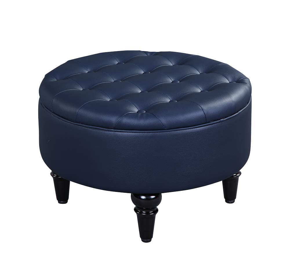 Kings Brand Furniture Faux Leather Round Storage Ottoman with Tray Top, Blue