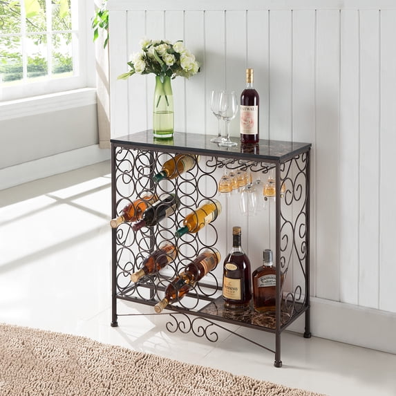 Kings Brand Furniture Faux Marble Wine Rack Console Table with Wine Bottle and Stemware Storage (Brown)
