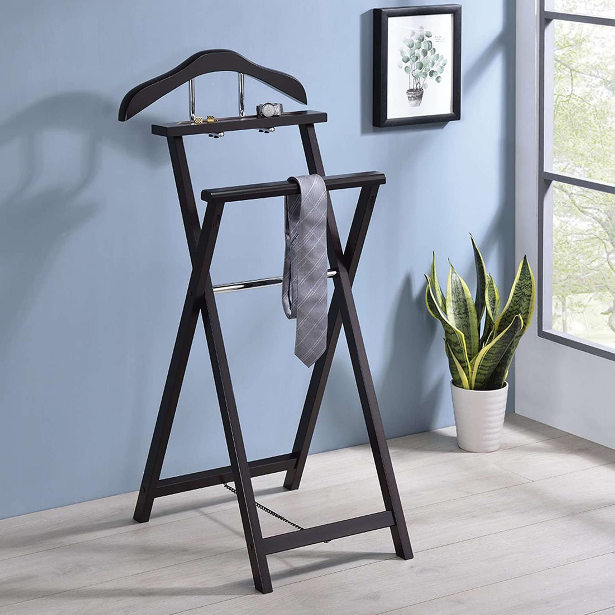Walnut Foldable Wood and Metal Suit Valet Stand