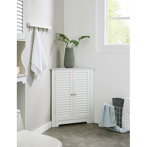 Kings Brand Furniture Freestanding Bathroom Corner Floor Storage Cabinet, White Marble