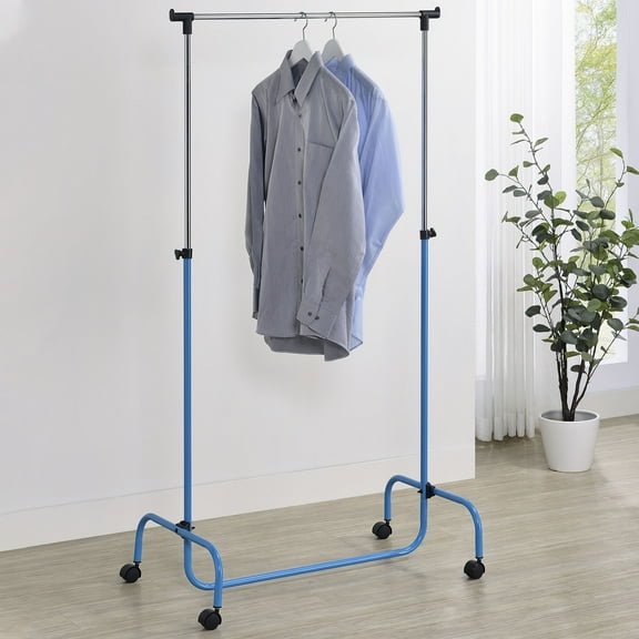 Kings Brand Furniture - Standard Rod Clothing Garment Rack, Rolling Clothes Organizer on Wheels for Hanging Clothes, Chrome/Blue