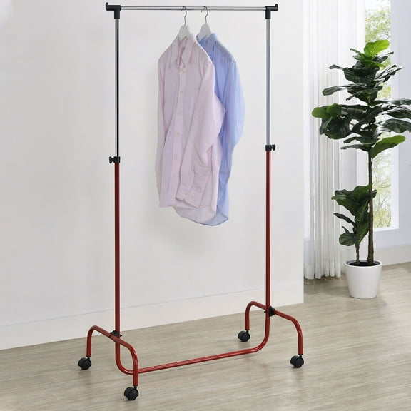 Kings Brand Furniture - Standard Rod Clothing Garment Rack, Rolling Clothes Organizer on Wheels for Hanging Clothes, Chrome/Red