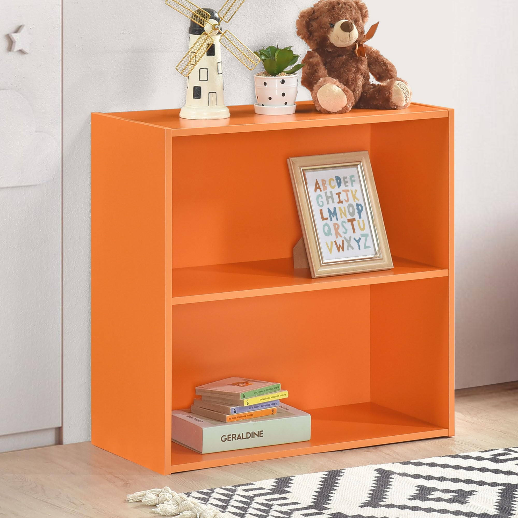 Kings Brand Furniture George 2-Tier Bookcase Storage Organizer - Wooden Shelf Organizer for Bedroom, Nursery, School or Home Office (Orange)