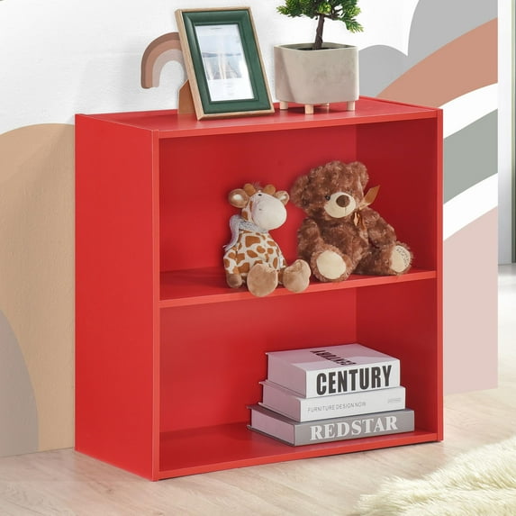 Kings Brand Furniture George 2-Tier Bookcase Storage Organizer - Wooden Shelf Organizer for Bedroom, Nursery, School or Home Office (Red)