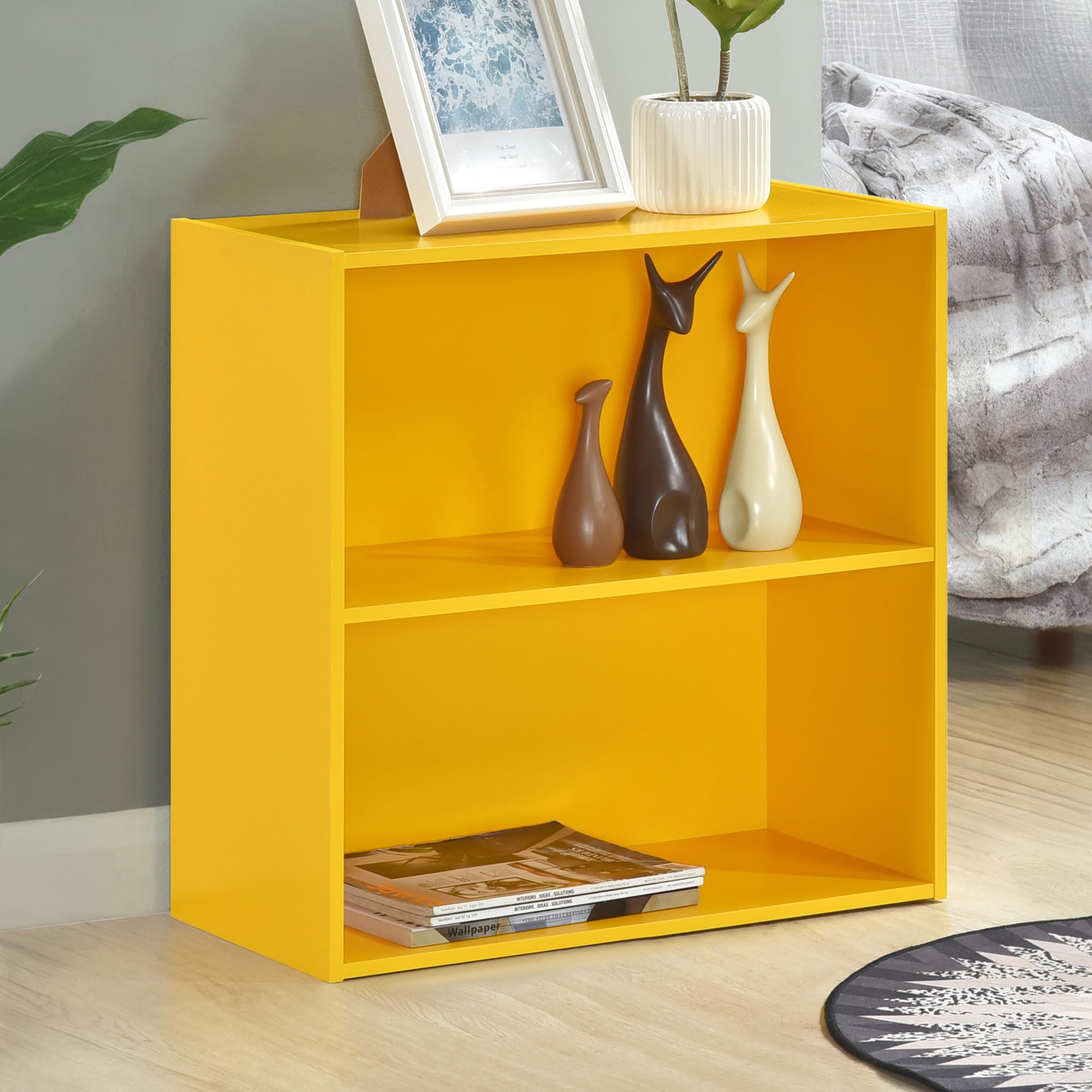 Kings Brand Furniture George 2-Tier Bookcase Storage Organizer - Wooden Shelf Organizer for Bedroom, Nursery, School or Home Office (Yellow)