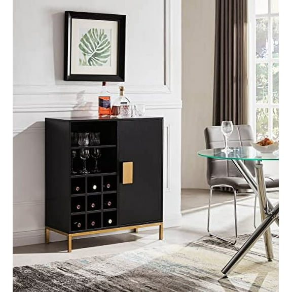 Kings Brand Furniture - Grant Buffet Bar Liquor Cabinet with Wine Rack Storage and Glass Holder, Black