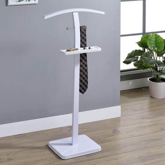 Kings Brand Furniture Henry Valet Stand – Metal & Wood Freestanding Suit Rack and Clothes Organizer with Clothing Bar, Accessory Tray & Lower Hook, Closet (White)