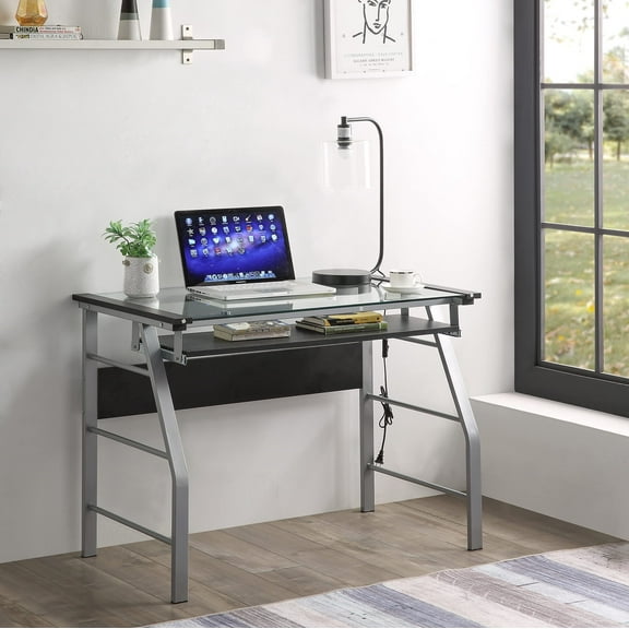 Kings Brand Furniture Chrome Metal Computer Desk  Clear Glass Top for Home Office, Study & Workspaces