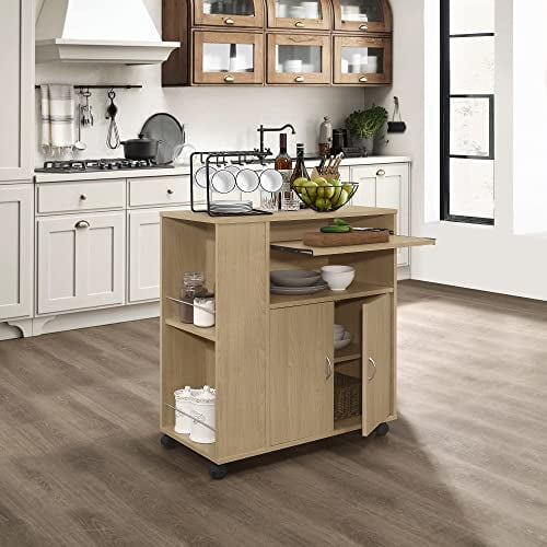Kings Brand Furniture - Kitchen Island Rolling Cart on Wheels with Storage Cabinet, Beech