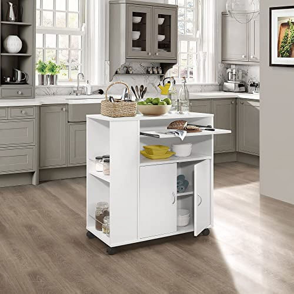 White Laminate Wood Kitchen Cart with Spice Rack and Storage