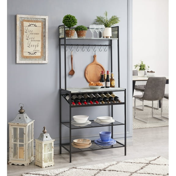 Kings Brand Furniture - Kitchen Storage Baker’s Rack Microwave Stand Coffee Bar Station with Wine Rack Holder & Hooks – Black