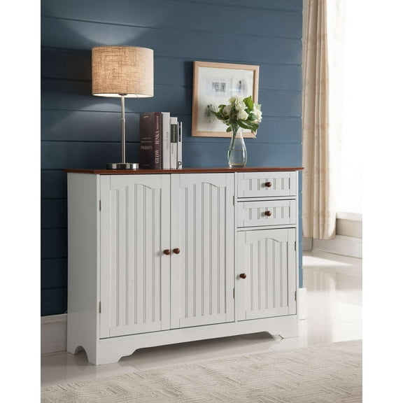 Kings Brand Furniture Kitchen Storage Buffet Cabinet, Lined Wood, White/Walnut