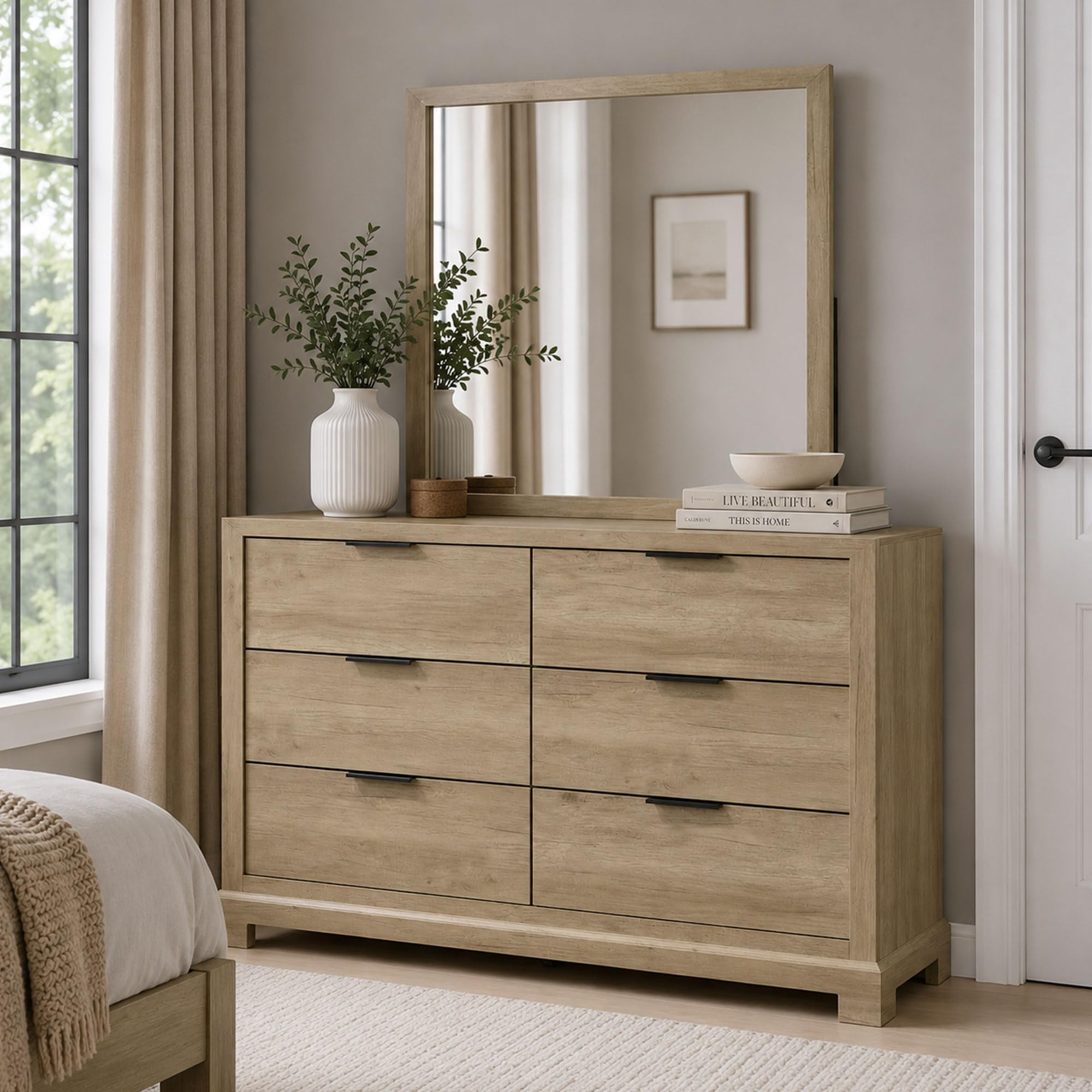 Kings Brand Furniture Linden 6-Drawer Dresser with Mirror – Oak Finish Modern Bedroom Storage Cabinet with Metal Handles, Contemporary Wooden Furniture