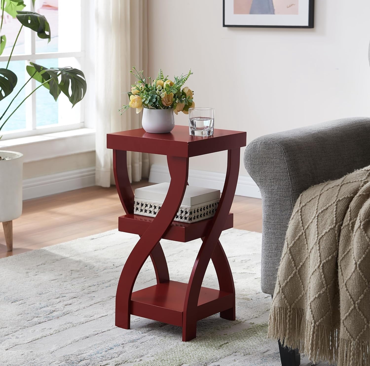 Kings Brand Furniture Lionel 3-Tier End Table, Twisted Wood Accent Side Table with Open Storage Shelves, Modern Narrow Nightstand for Living Room, Bedroom, Office or Entryway (Red)