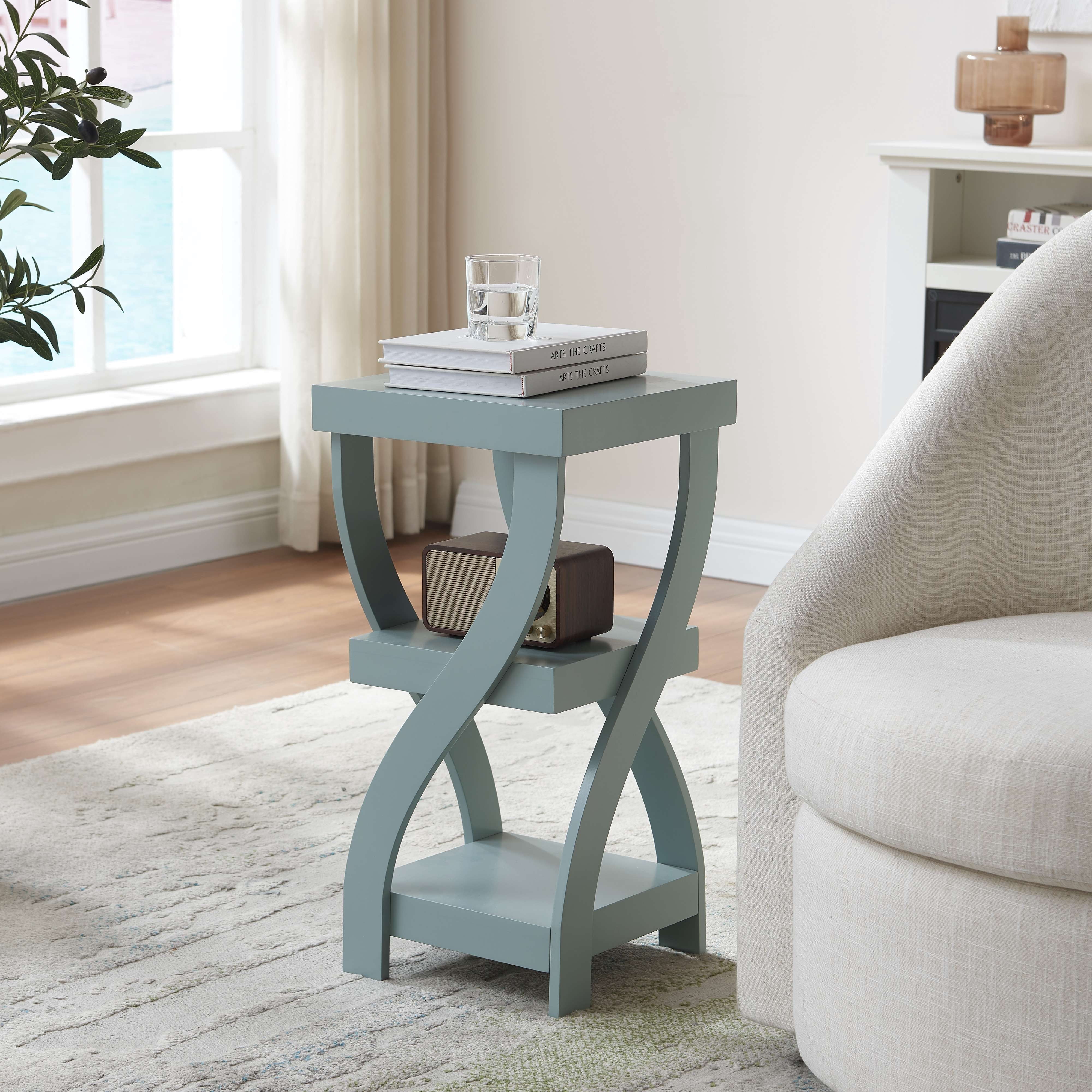 Kings Brand Furniture Lionel 3-Tier End Table, Twisted Wood Accent Side Table with Open Storage Shelves, Modern Narrow Nightstand for Living Room, Bedroom, Office or Entryway (Ice Blue)