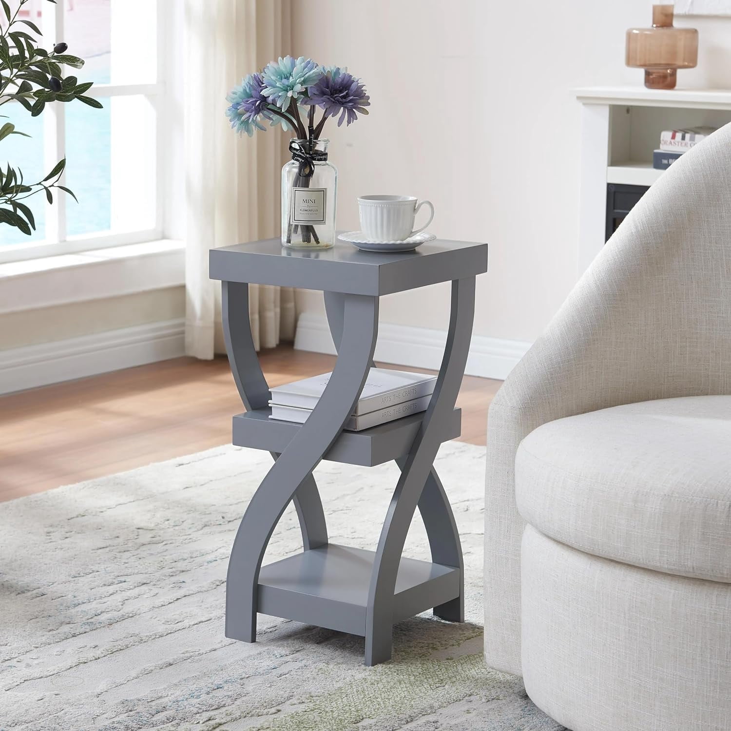 Kings Brand Furniture Lionel 3-Tier End Table, Twisted Wood Accent Side Table with Open Storage Shelves, Modern Narrow Nightstand for Living Room, Bedroom, Office or Entryway (Gray)