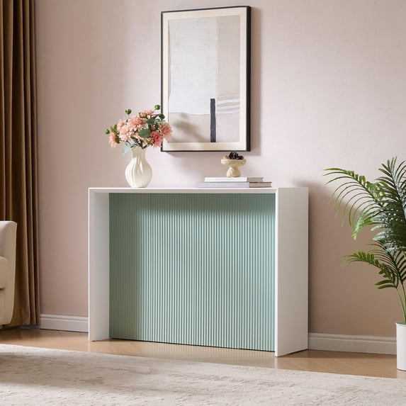 Kings Brand Furniture Lira Console Table – Wood Rectangular Entryway & Sofa Table with Sculpted Ripple-Front Design, Modern Narrow Accent Table for Living Room, Hallway, or Behind Sofa (Ice Blue)