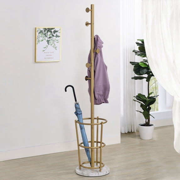 Kings Brand Furniture Freestanding Metal Hall Tree Coat Rack Stand with Umbrella Holder for Entryway Hanging Clothes, Hats, Bags (Gold)