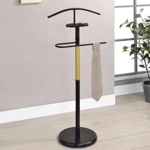Kings Brand Furniture Luca Valet Stand – Metal Freestanding Suit Rack and Clothes Organizer with Clothing Bar, Trouser/Tie Holder & Accessory Tray, Modern Design for Bedroom, Closet (Black/Gold)
