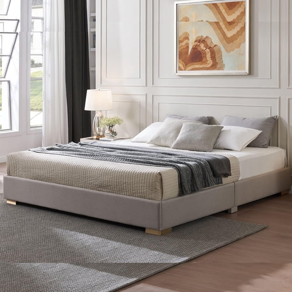 Kings Brand Furniture Upholstered King Size Platform Bed Frame with Wooden Slats, No Box Spring Needed, Brown/Gold