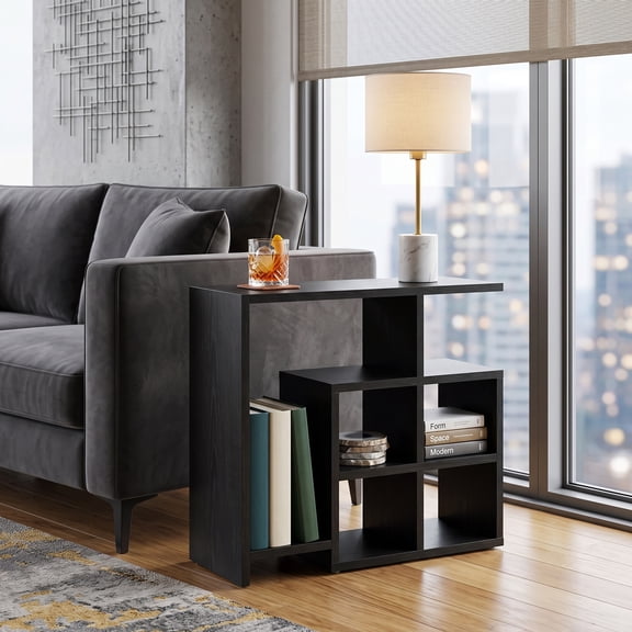 Kings Brand Furniture Mason Bookcase End Table, Square Side Table with 7 Open Shelves, Modern Storage Accent Table for Living Room, Bedroom or Small Spaces, Engineered Wood, Oak Black Finish