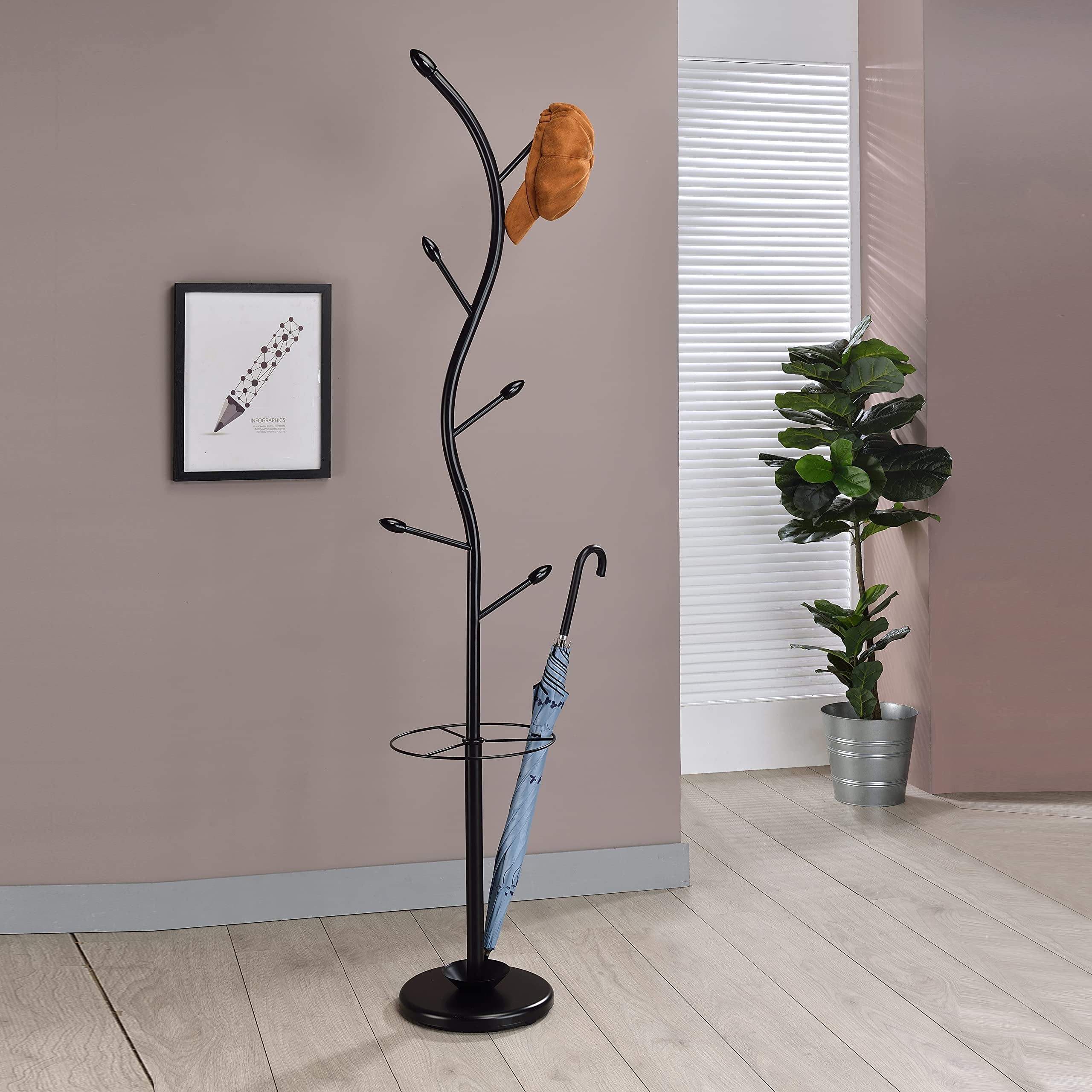 Elegant Black Metal Coat Rack with Umbrella Stand and Wood Hooks