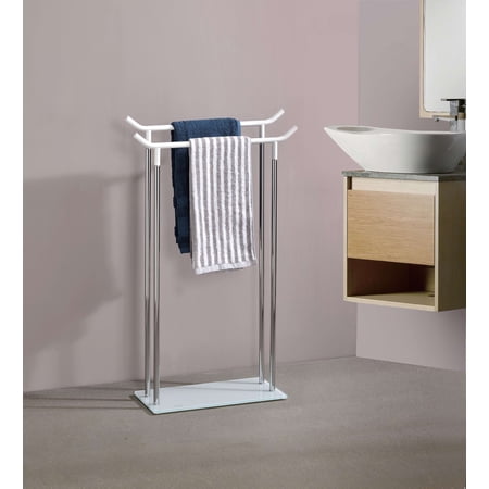 Kings Brand Furniture Metal/Glass 2 Rod Rectangular Towel Rack Stand for Bathroom, White/Chrome