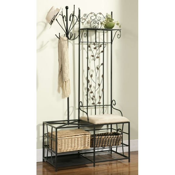 Kings Brand Furniture Metal Hallway Storage Bench with Coat Rack & Lower Shelves, Black