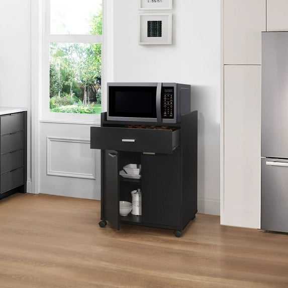 Kings Brand Furniture Black Microwave Cart – Storage Cabinet with Drawer, Shelves & Doors – Rolling Utility Stand