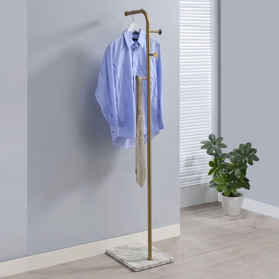 Kings Brand Furniture Miles Freestanding Coat Rack Gold Metal Hat & Coat Tree with Marble Base, 3 Hooks & Curved Arm, Slim Modern Organizer for Entryway, Hallway, Bedroom, Office, or Boutique