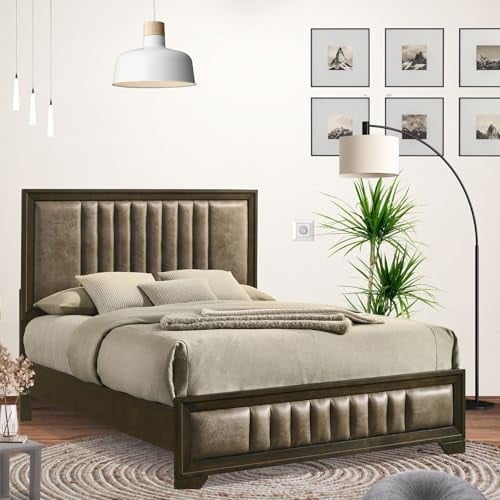 Kings Brand Furniture Modern Bed Frame with Upholstered Headboard in Walnut Finish (King)