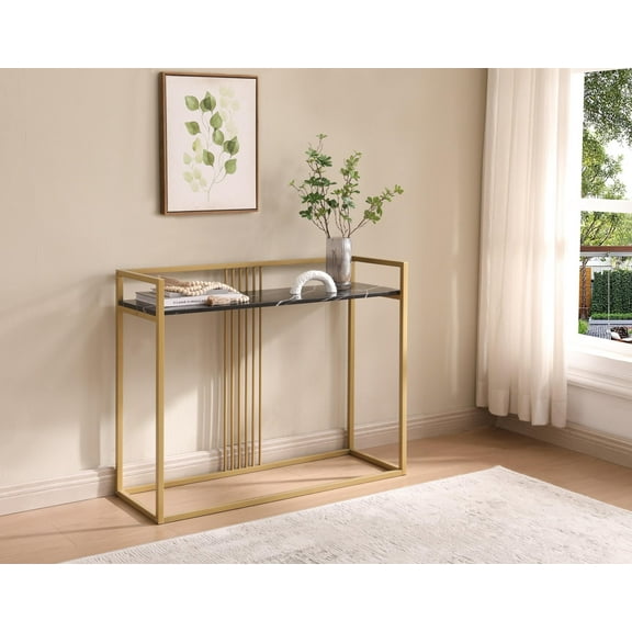 Kings Brand Furniture Black Faux Marble Console Table – Gold Frame Accent for Entryway, Hallway & Living Room