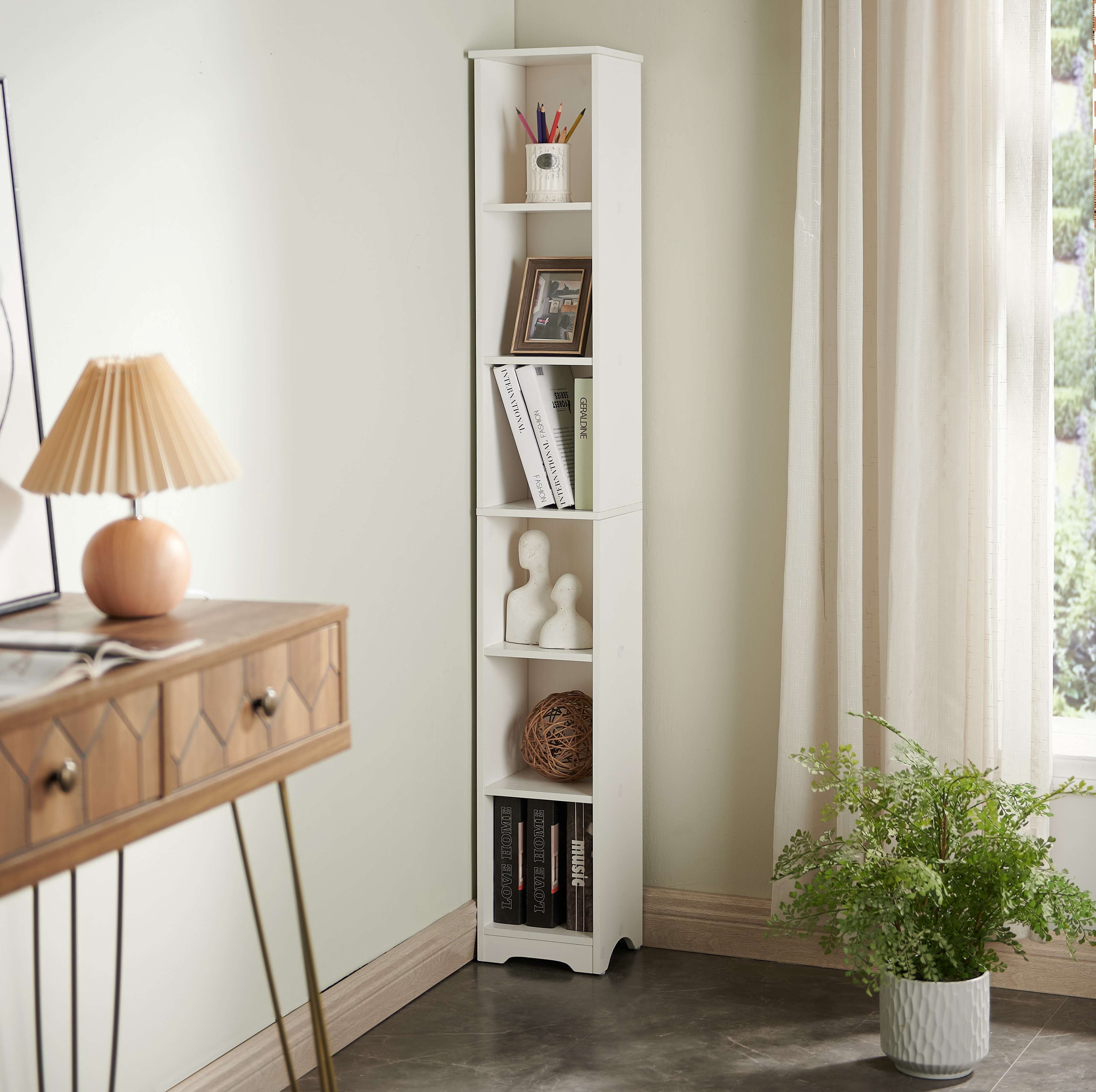 Kings Brand Furniture Mora 6-Tier Tall Narrow Slim Bookcase, White