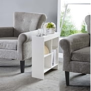 Kings Brand Furniture Narrow Side End Table with Drink Holders & Storage Shelves, Slim Sofa Table with Magazine Holder for Living Room, Bedroom, or Office   White