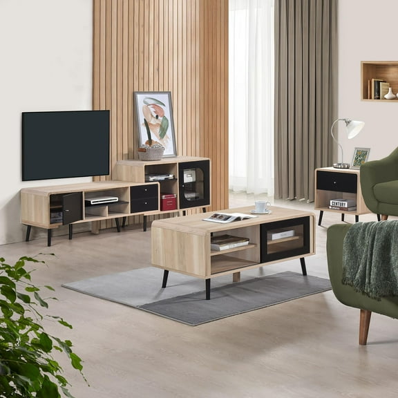 Kings Brand Furniture Nathan 3-Piece Entertainment Living Room Set  TV Stand Console, Coffee Table & End Table, Oak/Black