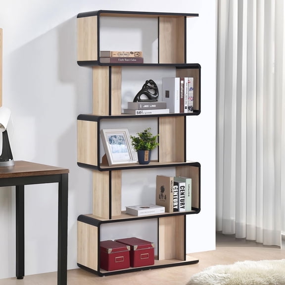 Kings Brand Furniture Nathan 5-Tier Modern Bookcase – Asymmetrical Wooden Bookshelf Storage Organizer, Freestanding Display Shelf for Living Room, Bedroom, Office – Oak/Black Finish